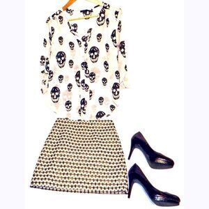 Poetry sheer cream black skull blouse top